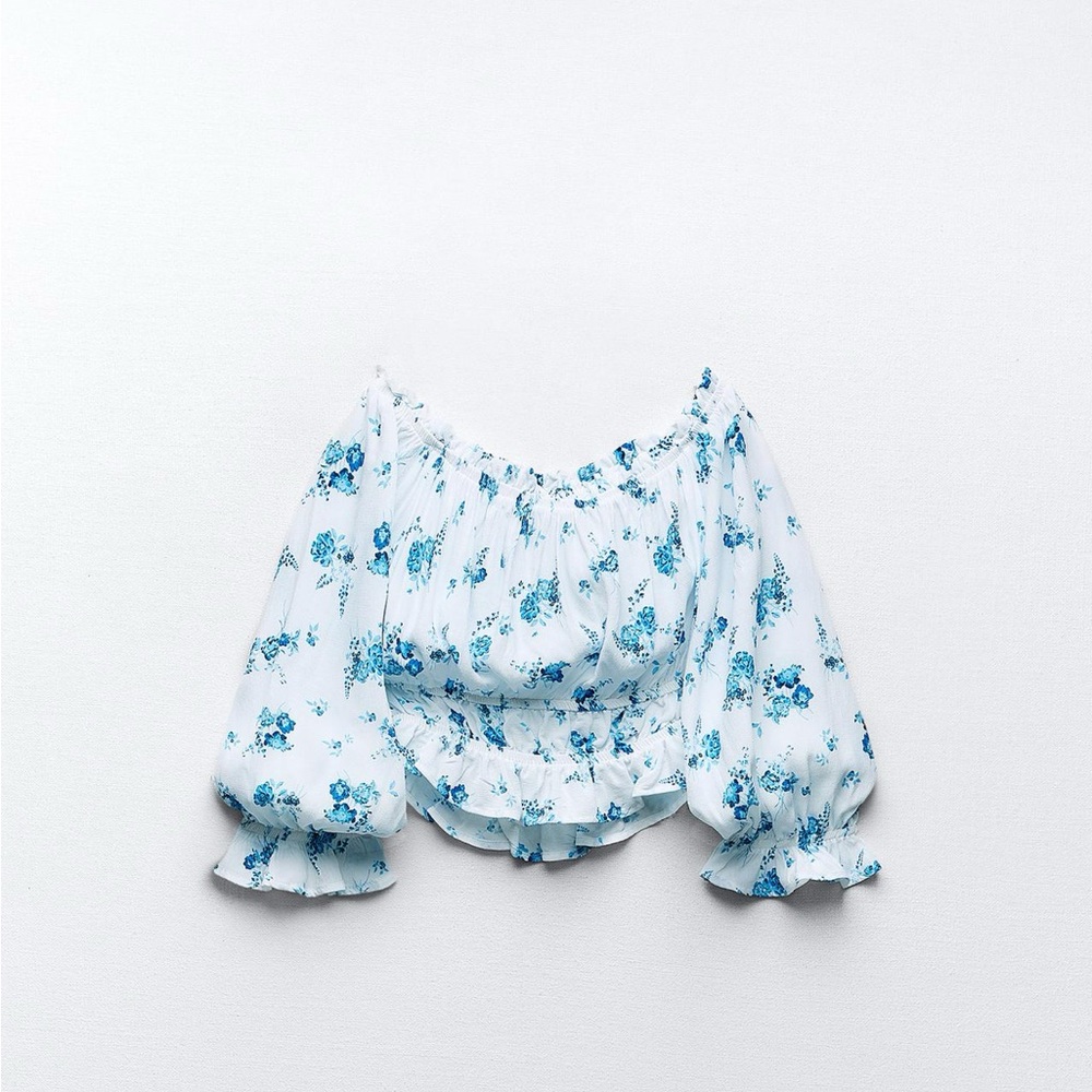 Zara Blue and White Ruched Crop Blouse